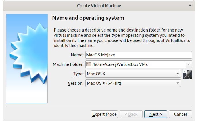 Screenshot of the 'Create Virtual Machine' dialog from Virtualbox. In the screenshot, 'name' is set to 'MacOS Mojave', 'Type' is set to 'Mac OS X' and 'Version' is set to 'Mac OS X (64-bit)'.