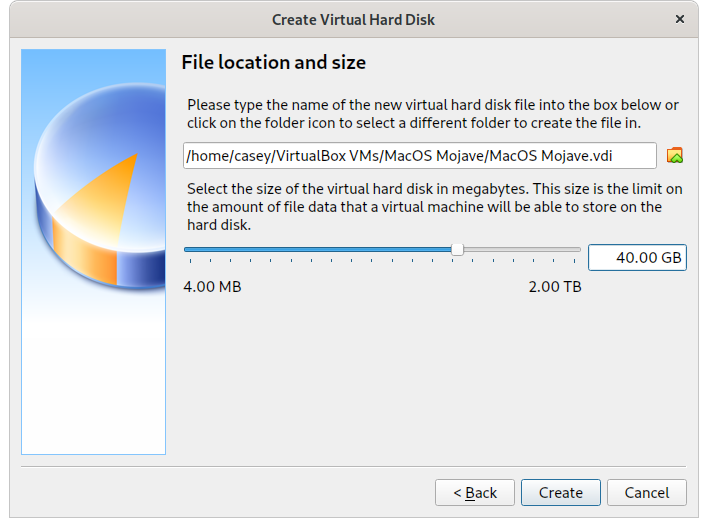 Screenshot of the 'Create Virtual Hard Disk' dialog, with 40 gigabytes set to the storage size.