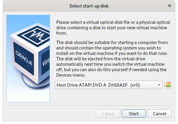 The 'Select start-up disk' dialog is shown, with the default 'host drive' currently selected.